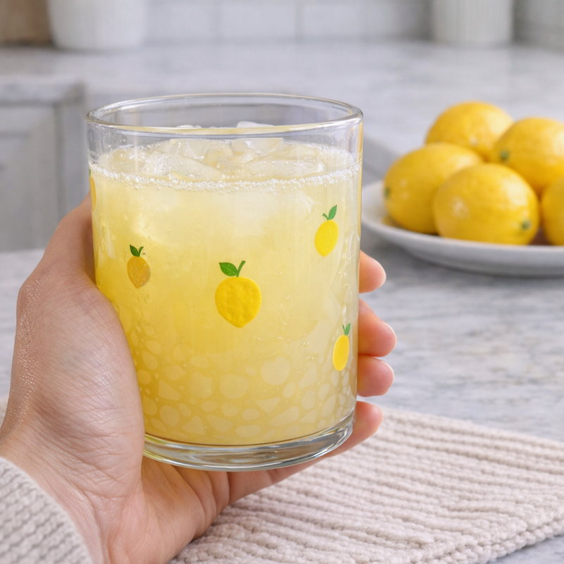 Hand holding a glass of lemonade with lemon decals on a kitchen counter.