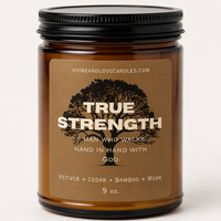 Candle jar labeled 'True Strength' with a tree design on a white background