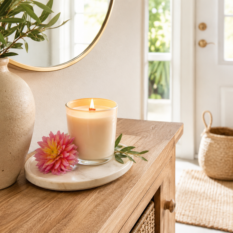 Candle on a wooden surface with a pink flower and a plant in the background