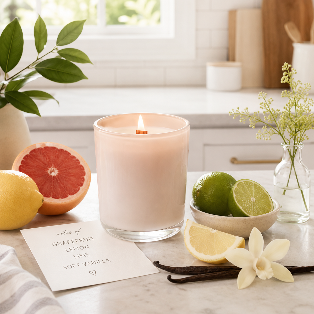 Candle with grapefruit, lemon, lime, and vanilla on a marble surface